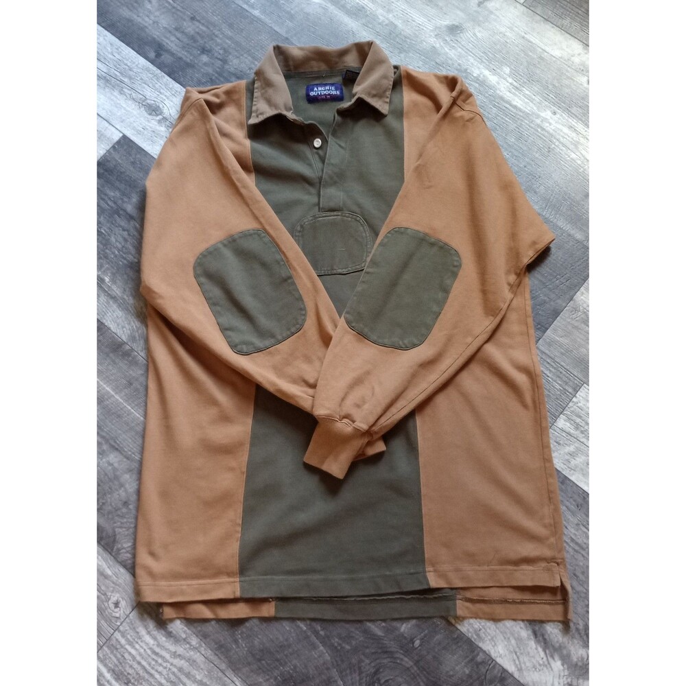 Archie Outdoors Men's L 100% Cotton Tan/Olive Color Block Long Sleeve Polo, Vtg